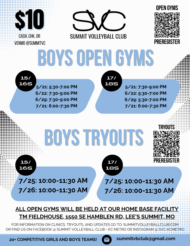 2026 Boys Open Gyms and Tryouts Flyer