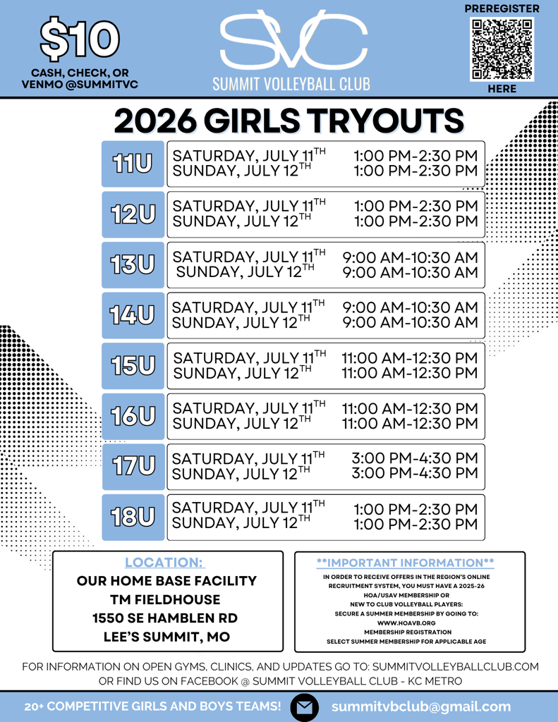 2026 Girls SVC Tryouts Official Schedule Flyer